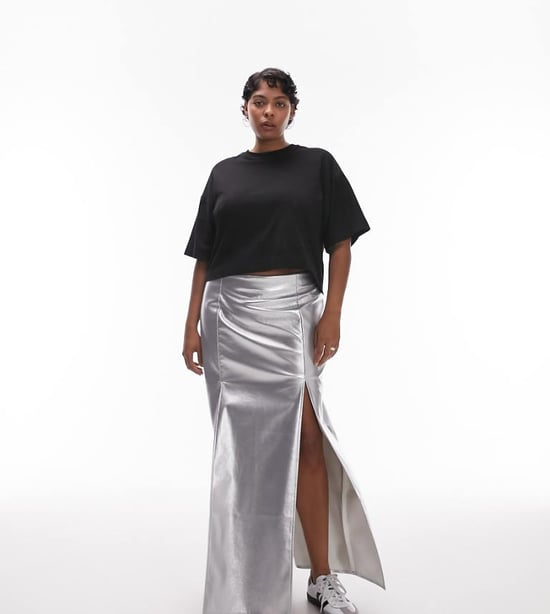 Topshop Curve vinyl double split midi skirt in silver - Image 1