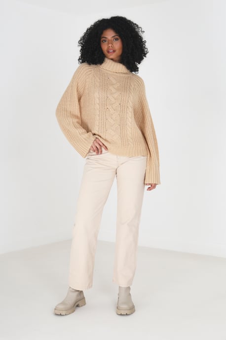 Beige 'Forest' Roll Neck Cable Knit Jumper