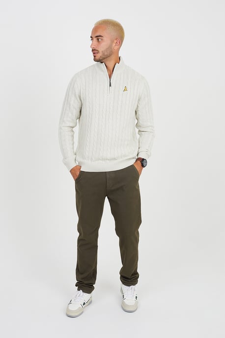 Light Beige 'August' Quarter Zip Neck Cable Knit Jumper