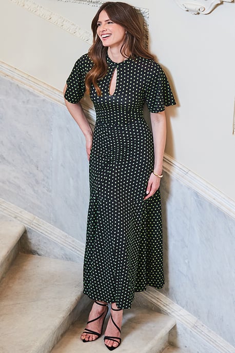 Black & Green Spot Print Keyhole Detail Jersey Dress
