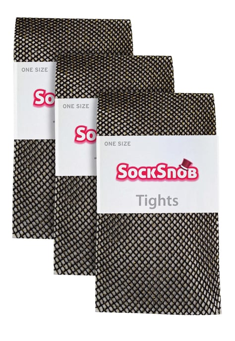 3 Pair Multipack Fishnet Tights for Women | Sock Snob | Stylish Footed Pretty Stocking Ideal for Dance Party - Black / Gold - Image 2