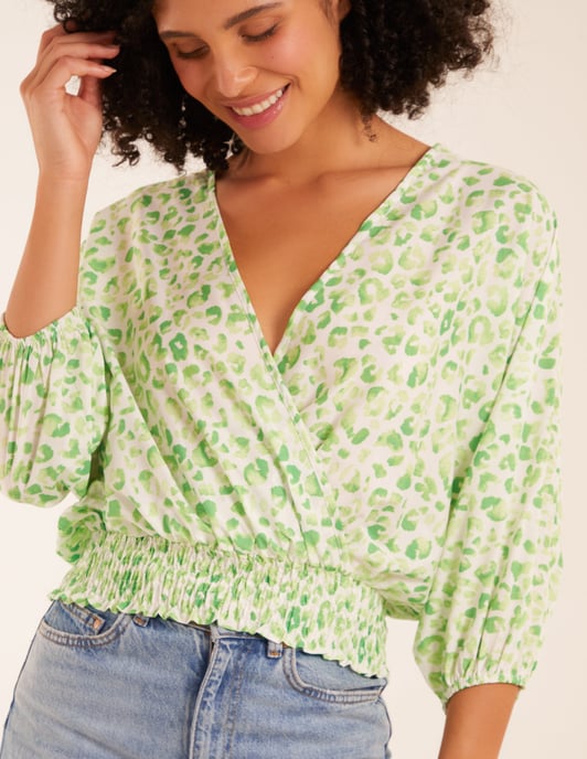 Elasticated Sleeve Wrap Front Elastic Hem Top