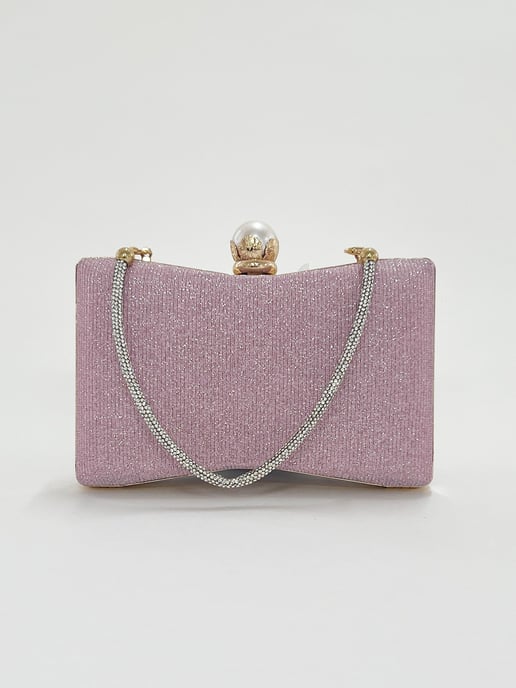 Square clutch Bag with 3D florals and Rhinestone handle in Pink