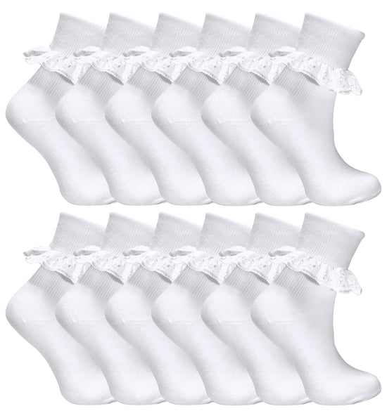 12 Pair Multipack White Frilly Lace Socks | 7 Sizes | Sock Snob | Girls Cute Cotton Rich School Socks - White - Image 1