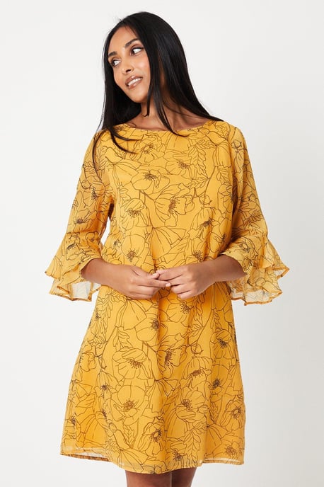 Petite Stencil Floral Flute Sleeve Shift Dress