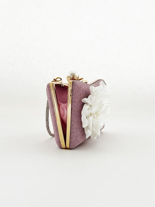 Square clutch Bag with 3D florals and Rhinestone handle in Pink