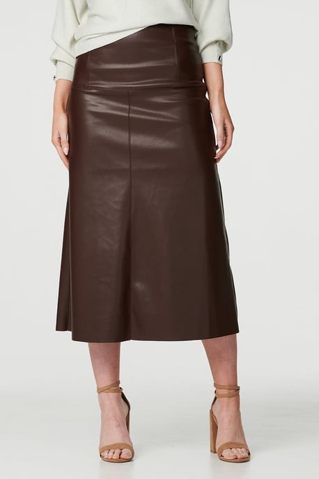 Brown Faux Leather High Waist Midi Skirt