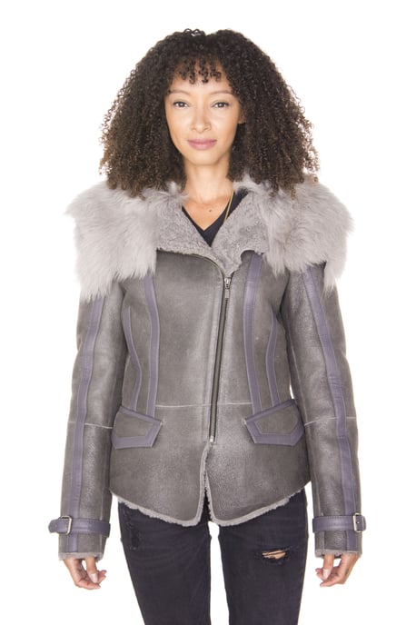 Womens Grey Toscana Shearling Flying Jacket-Teresina