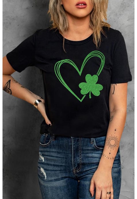 Women's Heart Print Short Sleeve Tee in Black - Image 1