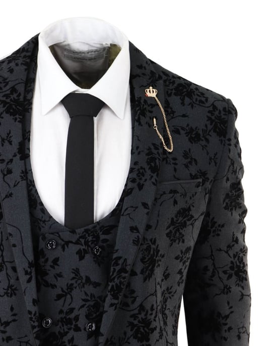Mens 3 Piece Black Paisley Velvet Dinner Suit - Image 6