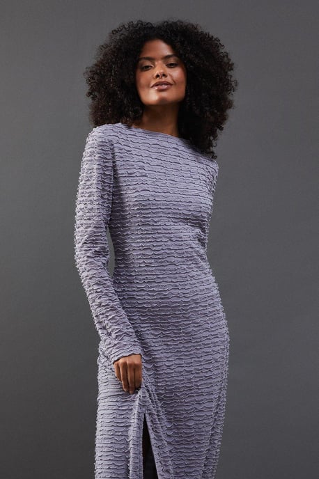 Textured Mesh Stand Neck Midi Dress
