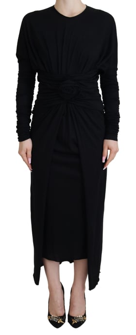 Dolce & Gabbana Zwarte Sheath Midi Gown Wol Wrap Damesjurk - Image 1
