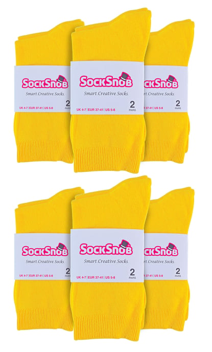 Tjejer Vanliga Bomullsrika Strumpor | 12 Par Multipack | Sock Snob | Tunn Bekväm Färgglad Crew Ankelsocka för Damer - Gul - Image 2