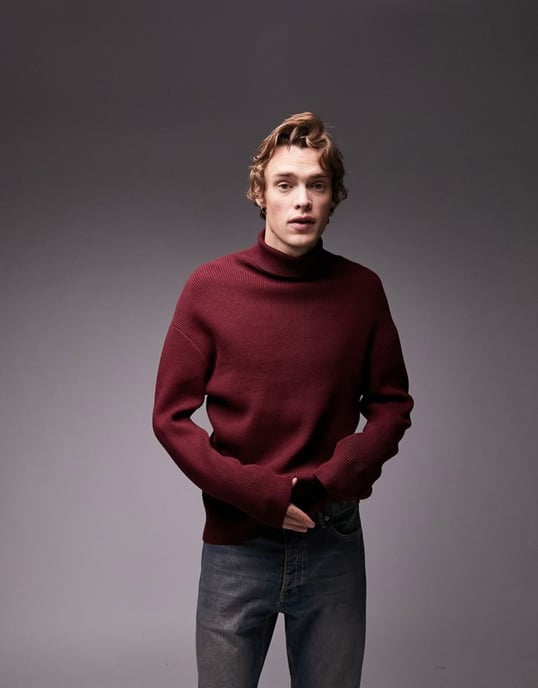 Topman knitted rib roll neck jumper in burgundy-Purple
