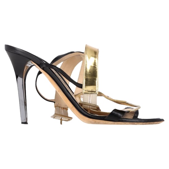 Jimmy Choo T-Strap Heel Sandals in Black and Gold Leather - Image 1