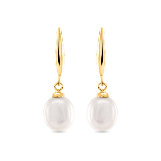 Luxenter Essential Earrings in 925 Sterling Silver and White Pearl finished in 18 carat yellow gold