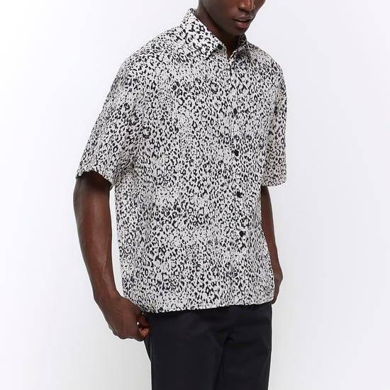 River Island Mens Shirt Grey Boxy Fit Leopard Print