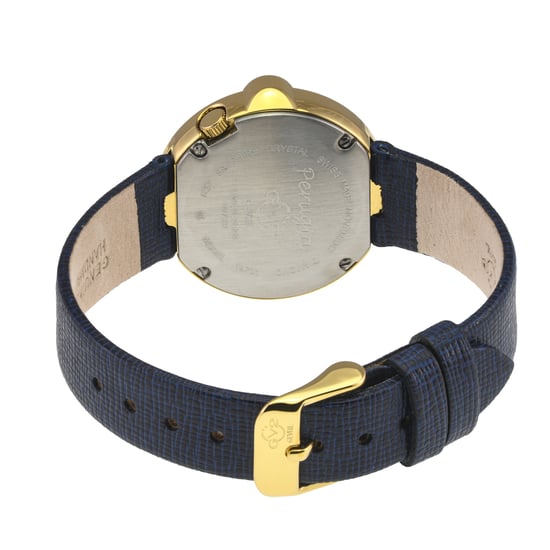 GV2 Women's Perugia Diamond Watch, IPYG Case, Silver/White Dial, Genuine Saffiano Blue Handmade Leather Strap