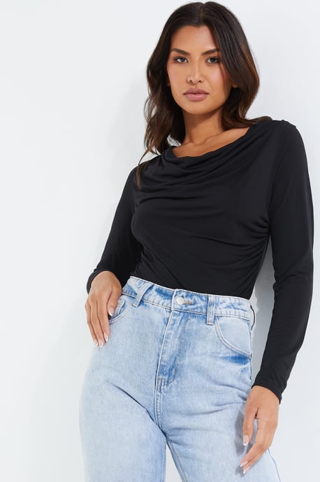 Black Ruched Cowl Neck Top