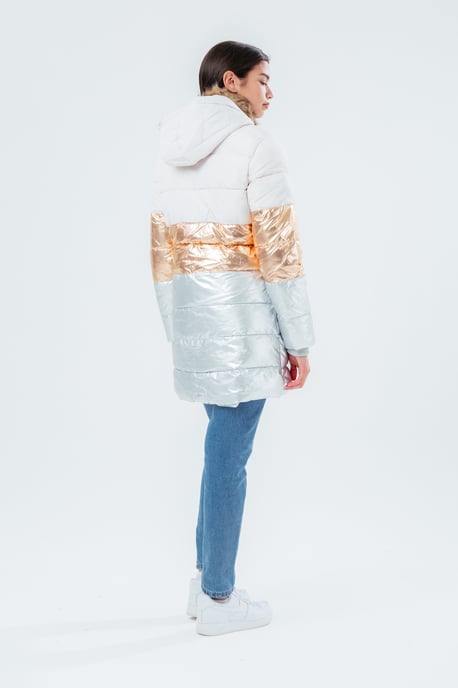 Hype Longline Metallic Panel Kids Puffer Jacket With Fur Hood