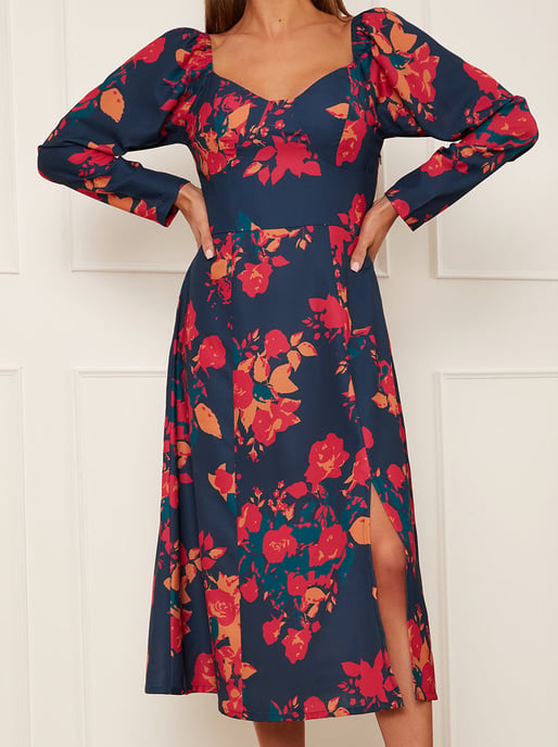Long Sleeve Floral Midi Dress in Navy