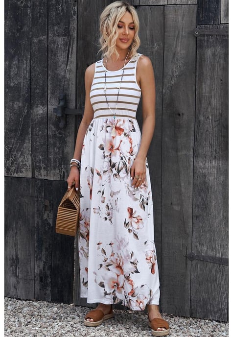 Women's Floral Print Sleeveless Maxi Dress with Pocket in White - Image 1