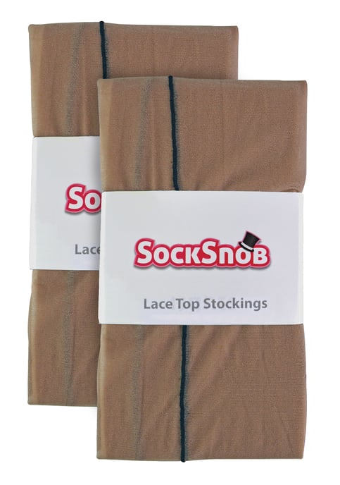 2 Pair Multipack Women's Seamed Stockings with Lace Top | Sock Snob | Ladies Thigh High Stockings - Nude / Black - Image 2