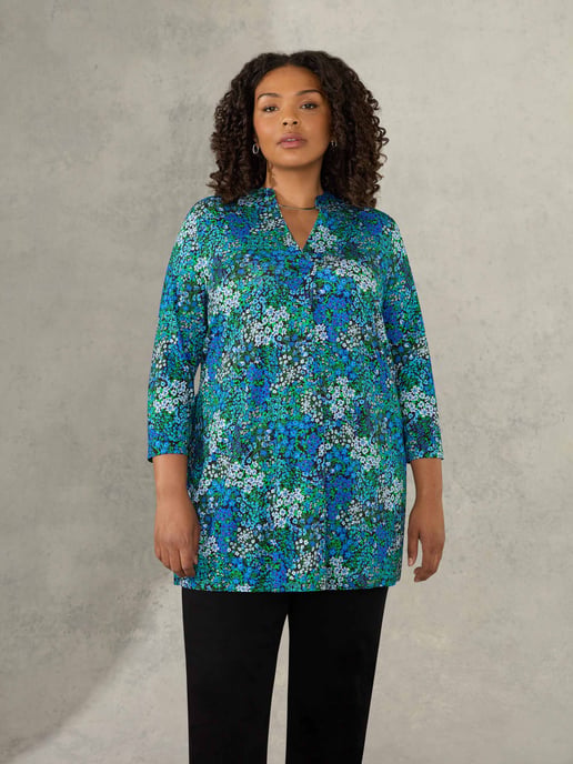 Blue Ditsy Print Pleat Front Jersey Tunic