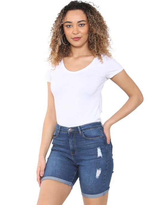 Enzo | Womens Ripped Denim Shorts - Mid Blue - Image 1