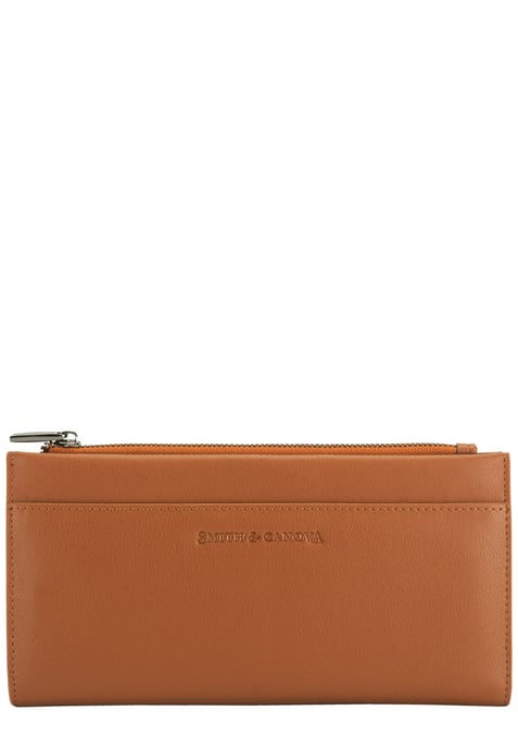 Smooth Leather Long Zip Top Pocket Purse