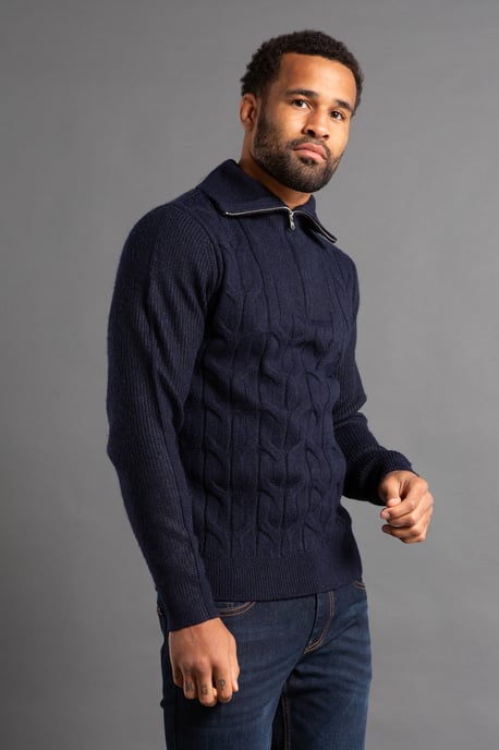 Dark Navy Cable Knit Jumper With 1/4 Zip Collar