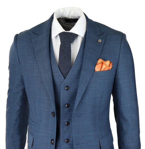 Mens 3 Piece Blue Suit Prince Of Wales Check Classic Light Tailored Fit Modern - Image 3