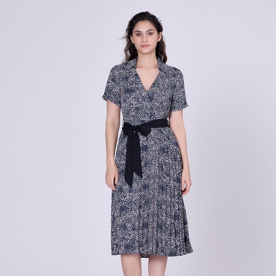 Pleats printed tea dress and added belt