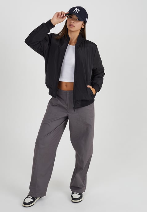 Black 'Brazil' Ruched Sleeve Oversized Bomber Jacket