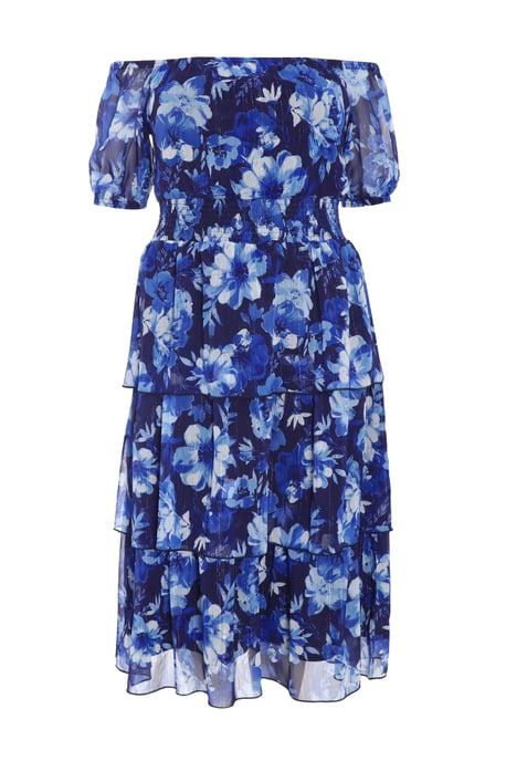 Curve Navy Chiffon Floral Bardot Midi Dress