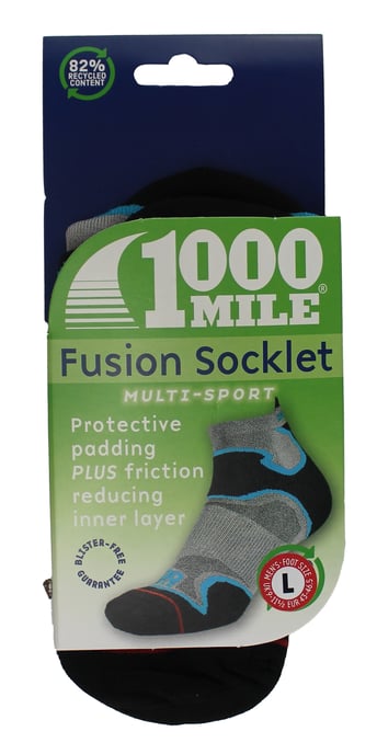 1000 Mile - Mens Fusion Ankle Repreve Padded Anti Blister Socks - Silver / Kingfisher - Image 2