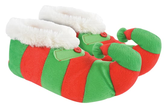 Novelty Childrens Christmas Elf Slippers | Funky Fleece Linied Red & Green Striped Xmas Slippers for Kids - Red & Green - Image 1