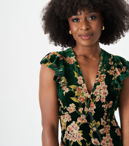 Green Floral Devore Ruffle V Neck Midaxi Dress