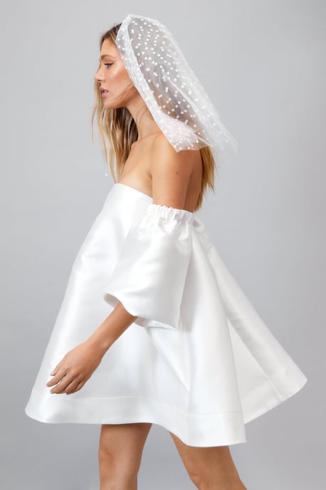 Structured Bardot Puff Sleeve Mini Prom Dress
