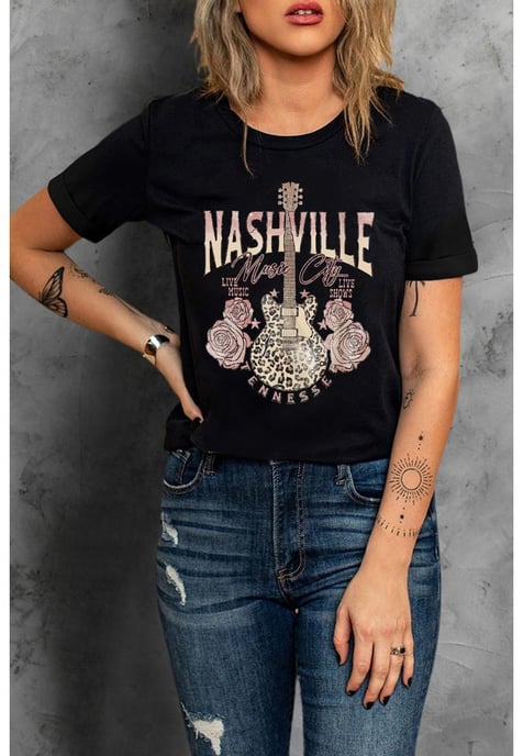 Women's Leopard Guitar Rose Print T-Shirt in Black - Image 1