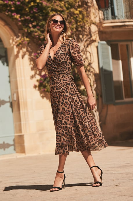 Leopard Print Mesh Wrap Jersey Dress