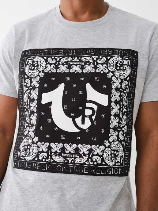 Short Sleeve Fray Twill Applique Tee in Grey