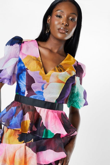 Floral Print Tiered Skirt Puff Sleeve Midi Dress