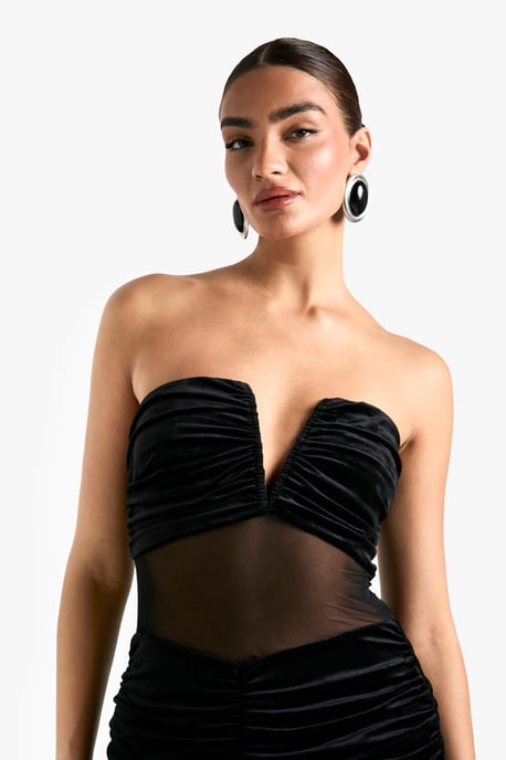 Velvet Mesh Plunge Ruched Maxi Dress - Image 4