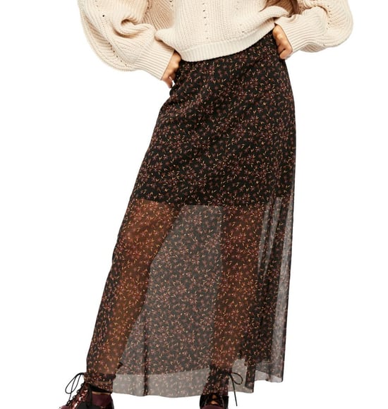 Free People Women's Skirt Black  Slip On Printed Mesh Maxi