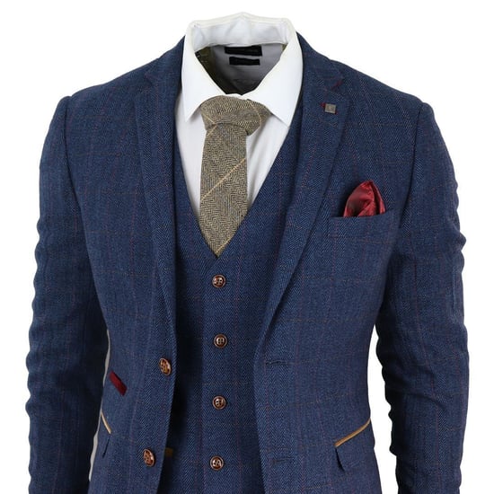 Mens Blue Tweed Check 3-Piece Suit - Image 3