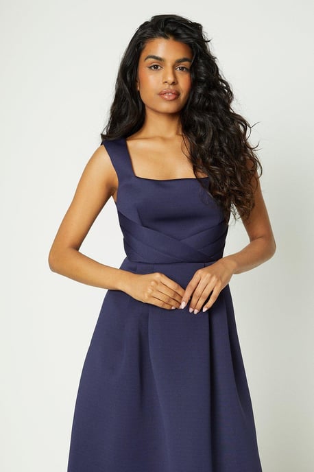 Petite Scuba Pleated Bodice Full Skirt Midi Dress