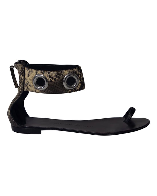 Giuseppe Zanotti Snakeskin Print Ankle Strap Flat Sandals in Black Leather - Image 1