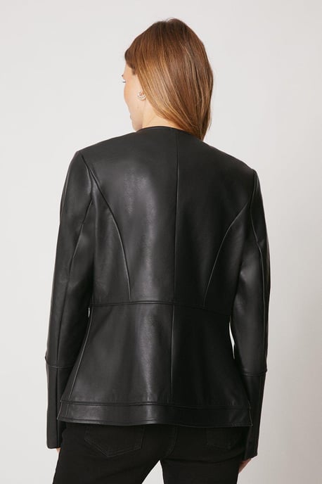 Black Faux Leather Collarless Seam Detail Jacket - Image 3