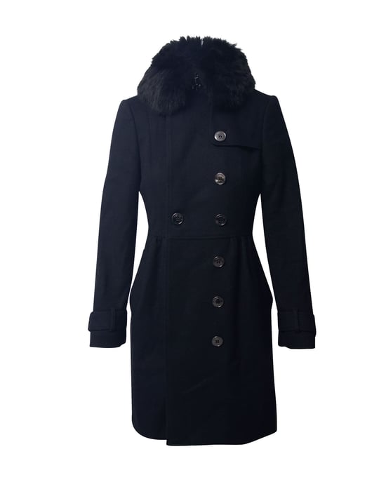 Burberry Coat with Fur Collar Trim in Black Virgin Wool - Image 1
